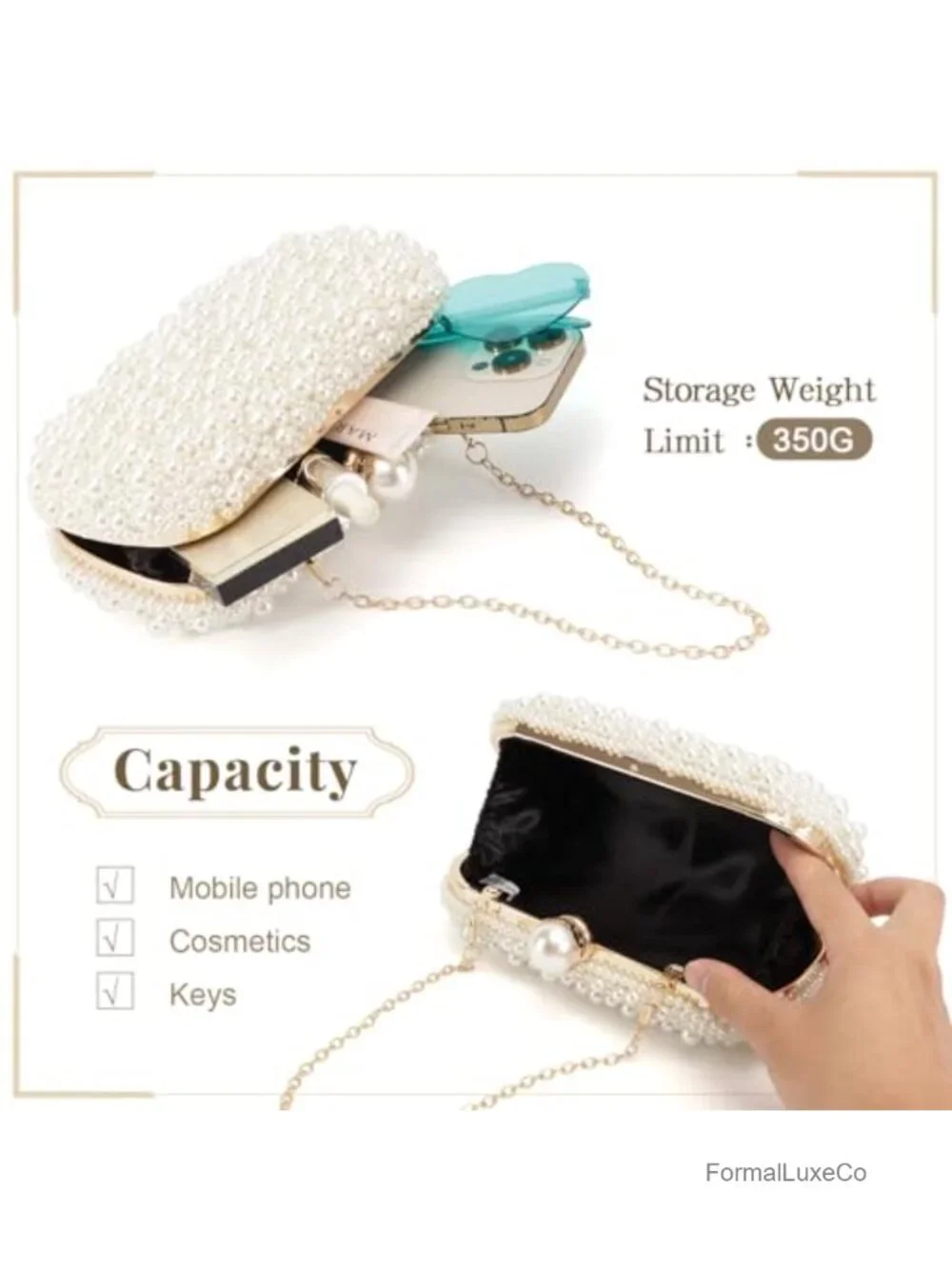 Beaded Clutch Evening Bag with Pearls for Wedding Prom